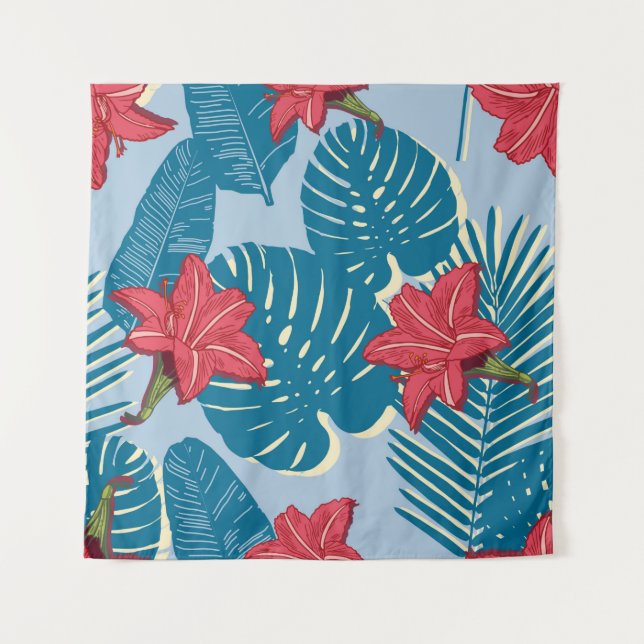 Tropical Palm seamless leaf blue pattern Tapestry (Front)
