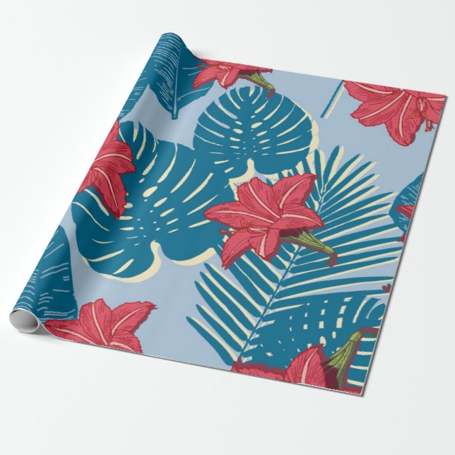 Tropical Palm seamless leaf blue pattern Wrapping Paper (Unrolled)