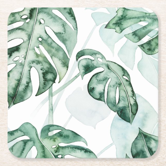 Tropical Palm Split Leaf Square Paper Coaster (Front)