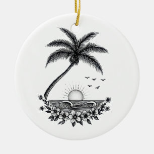 Tropical Palm Sunset – Minimalist Beach Line Art Ceramic Ornament