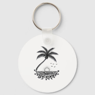 Tropical Palm Sunset – Minimalist Beach Line Art Key Ring