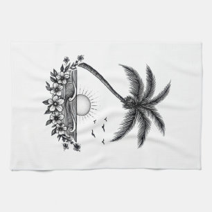 Tropical Palm Sunset – Minimalist Beach Line Art Tea Towel