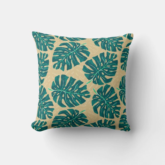 Tropical Palm Teal Beige Cushion (Front)