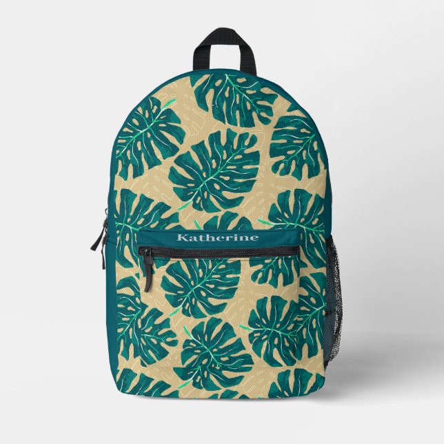 Tropical Palm Teal Beige Printed Backpack (Front)