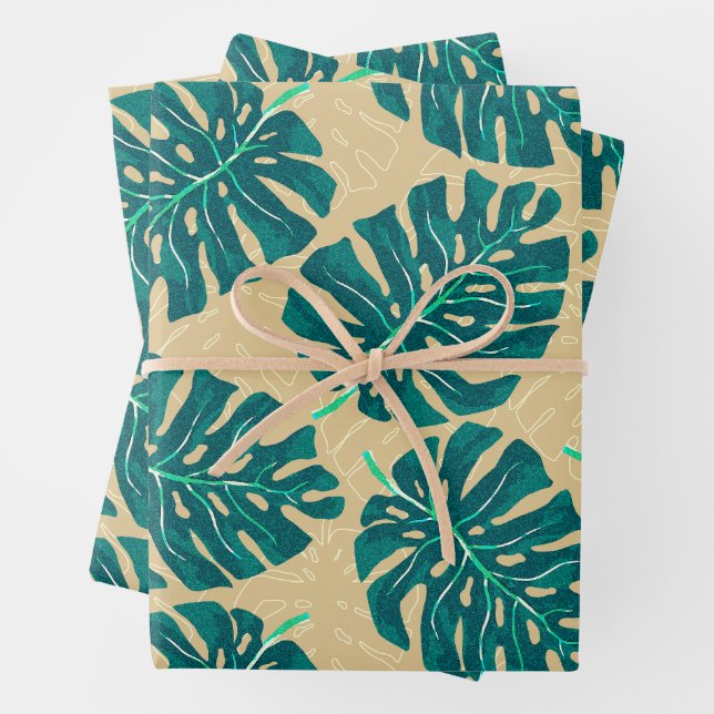 Tropical Palm Teal Beige Wrapping Paper Sheet (In situ)