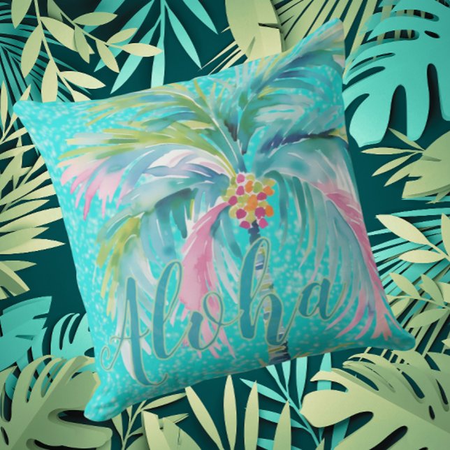 Tropical Palm Tree Aloha Indoor Outdoor Pillow (Aloha!)