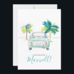 Tropical Palm Tree and Car Watercolor Birthday Car Card<br><div class="desc">A cute personalised Birthday greeting. Design features a replica of my original watercolor car and palm trees in shades of green and turquoise blue. Happy Birthday and name are set in hand lettered script typography. Makes a cute Birthday card for boyfriend, dad and men. To see more designs by Victoria...</div>