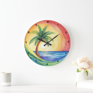 Tropical Palm Tree and Ocean Inspired Artwork Large Clock