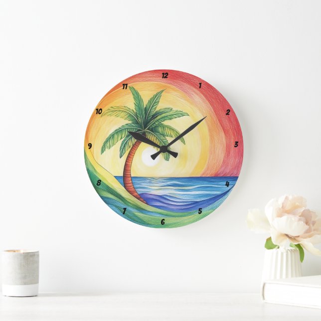 Tropical Palm Tree and Ocean Inspired Artwork Large Clock (Home)