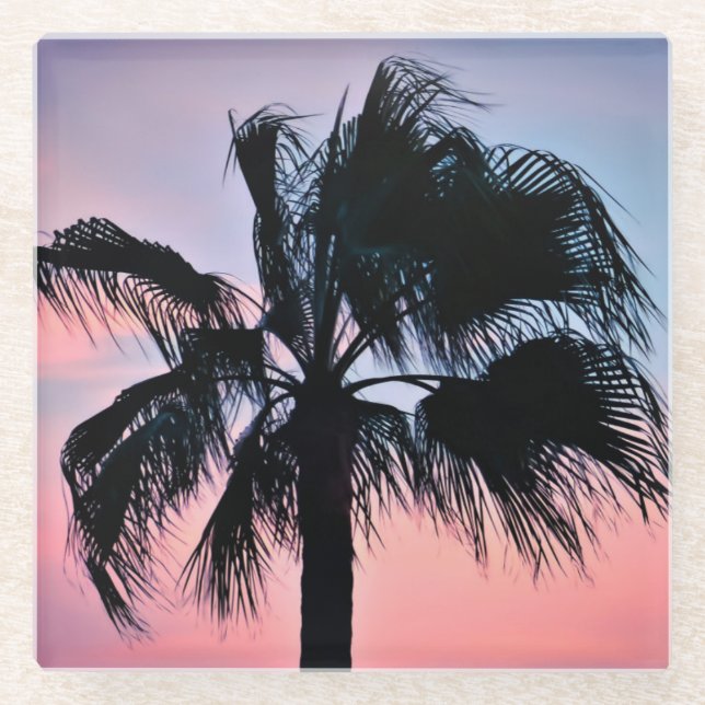 Tropical Palm Tree at Sunset Glass Coaster (Front)