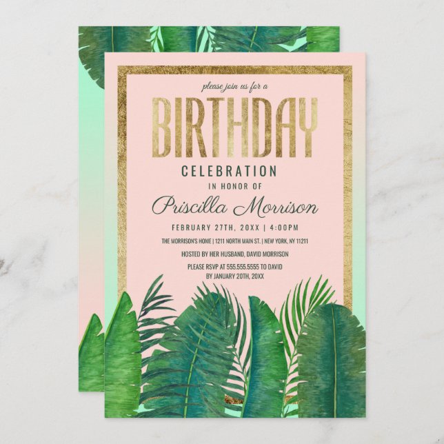 Tropical Palm Tree Banana Leaf Gold Birthday Invitation (Front/Back)