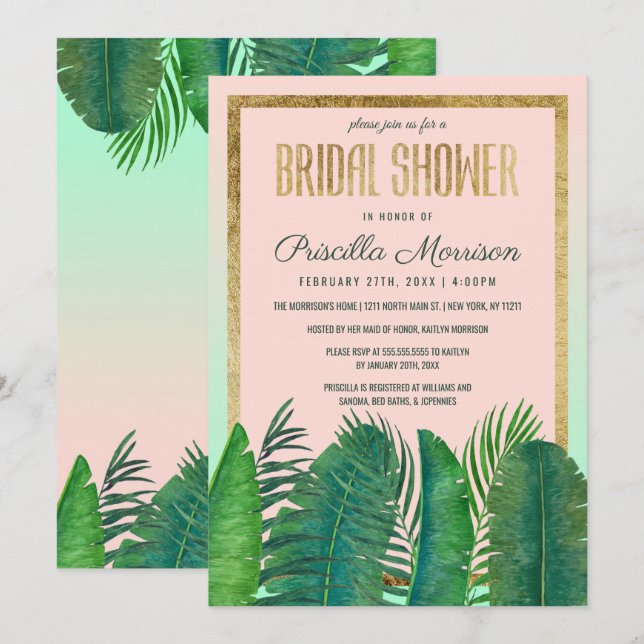 Tropical Palm Tree Banana Leaf Gold Bridal Shower Invitation (Front/Back)