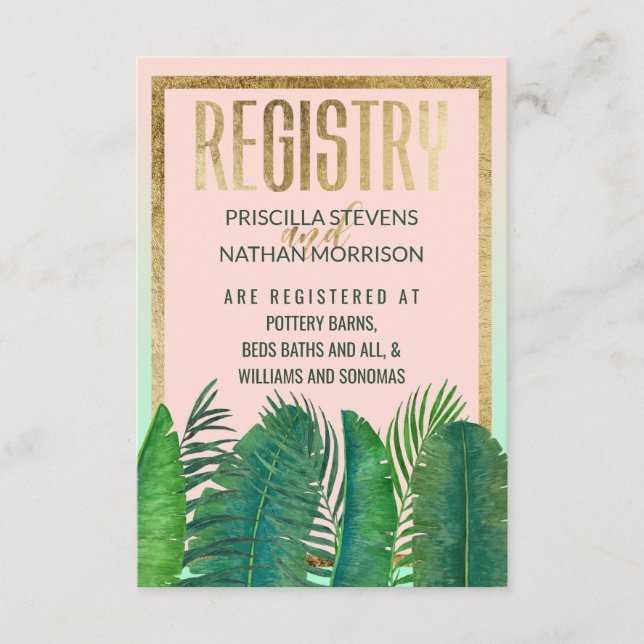 Tropical Palm Tree Banana Leaf Gold Gift Registry Enclosure Card (Front)
