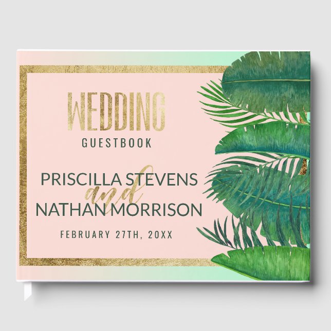 Tropical Palm Tree Banana Leaf Gold Wedding Guest Book (Front)