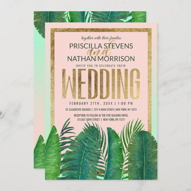 Tropical Palm Tree Banana Leaf Gold Wedding Invitation (Front/Back)