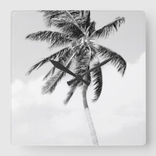 Tropical palm tree beach black and white photo square wall clock