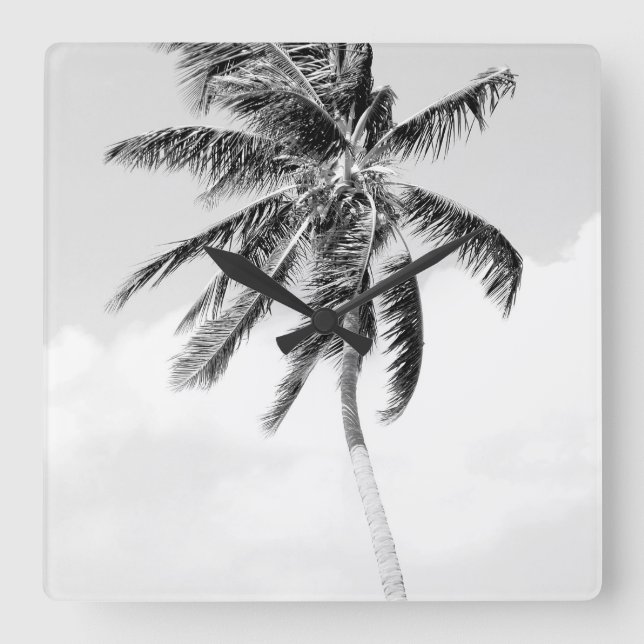 Tropical palm tree beach black and white photo square wall clock (Front)