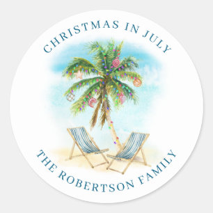 Tropical Palm Tree Beach Christmas in July Classic Round Sticker