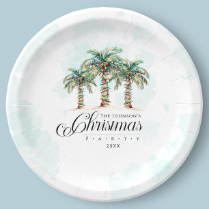 Tropical Palm Tree Beach Christmas Paper Plate