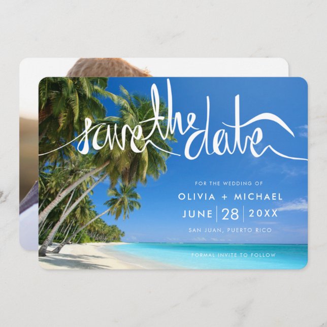 Tropical Palm Tree Beach Destination Wedding Photo Save The Date (Front/Back)