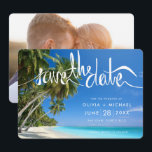 Tropical Palm Tree Beach Destination Wedding Photo Save The Date<br><div class="desc">Gorgeous beach save the dates for your destination wedding on a palm tree-lined beach somewhere in paradise. Customise these cards with your names,  wedding date and location. Add your favourite photo to the back.</div>