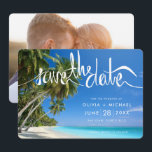 Tropical Palm Tree Beach Destination Wedding Photo Save The Date<br><div class="desc">Gorgeous beach save the dates for your destination wedding on a palm tree-lined beach somewhere in paradise. Customise these cards with your names,  wedding date and location. Add your favourite photo to the back.</div>