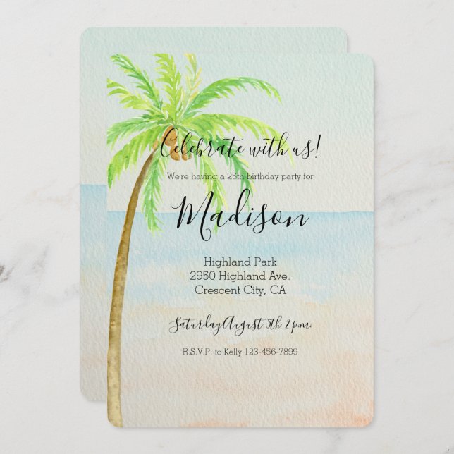 Tropical Palm Tree Beach Invitation (Front/Back)