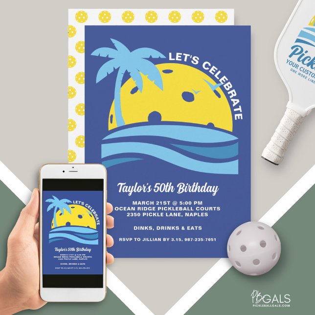 Tropical Palm Tree Beach Ocean Pickleball Party  Invitation (Creator Uploaded)