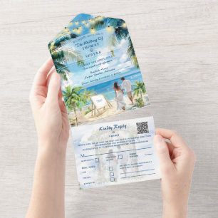 Tropical Palm Tree Beach QR Code Ocean Location All In One Invitation