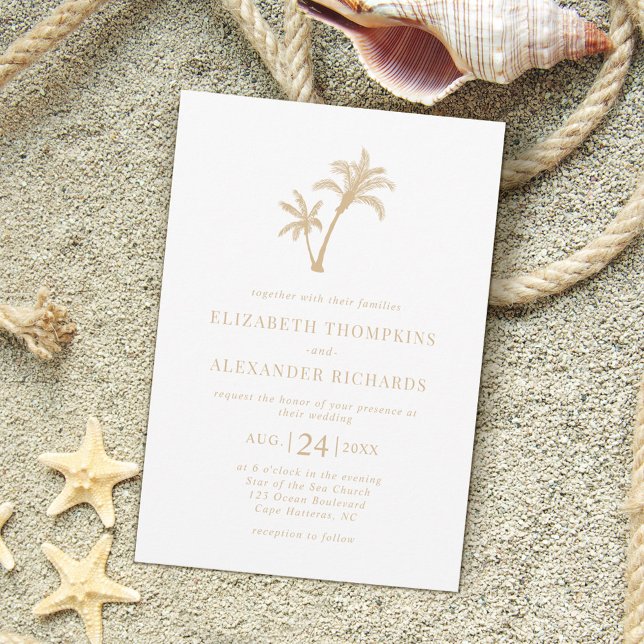 Tropical Palm Tree Beach Sand Beige Wedding Invitation (Creator Uploaded)
