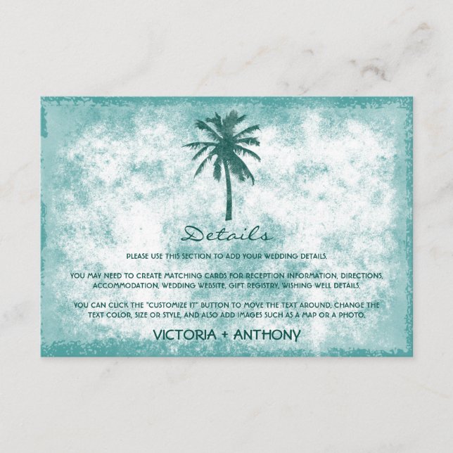 Tropical Palm Tree Beach Wedding Detail Enclosure Card (Front)