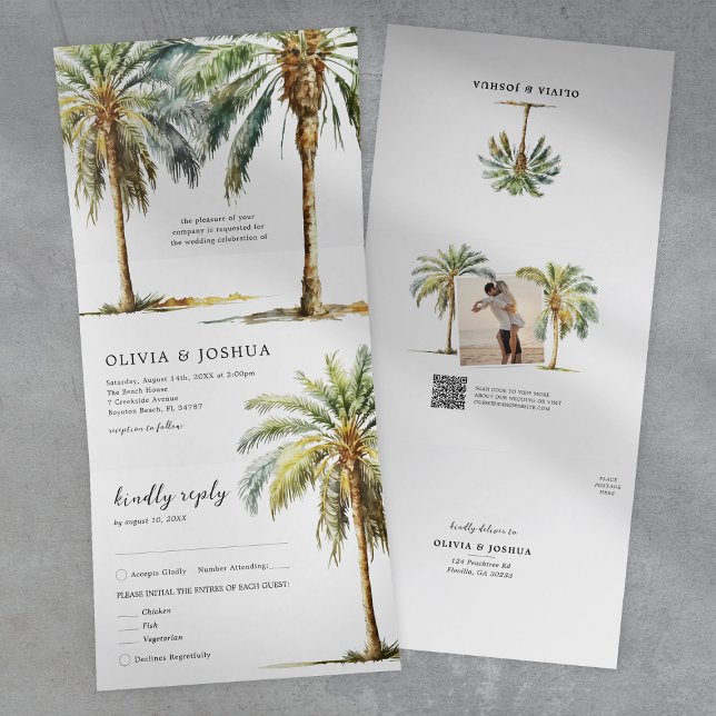 Tropical Palm Tree Beach Wedding Tri-Fold Invitation (Creator Uploaded)