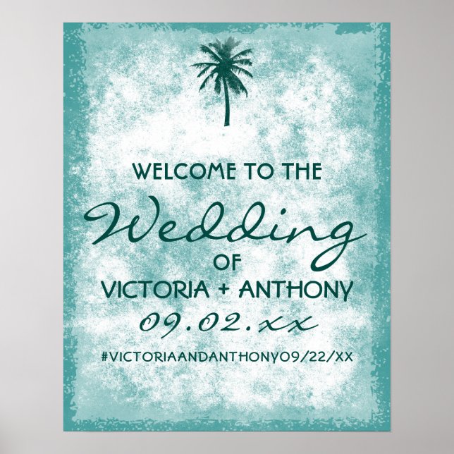 Tropical Palm Tree Beach Wedding Welcome Poster (Front)