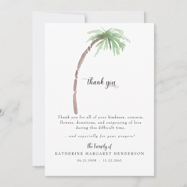 Tropical Palm Tree Bereavement Funeral Thank You (Front)