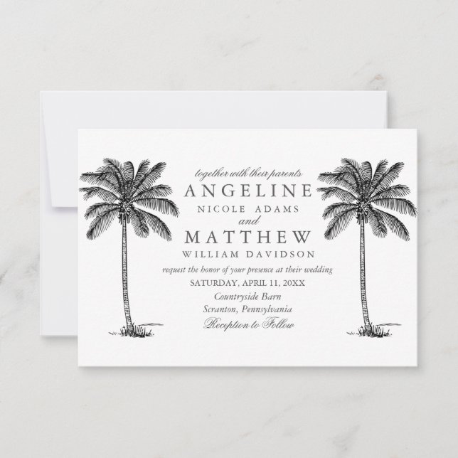 Tropical Palm Tree Black and White Wedding Card (Front)
