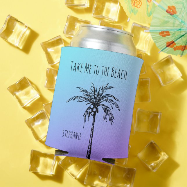 Tropical Palm Tree Black Blue Purple Sky Custom Can Cooler (In Situ Summer)