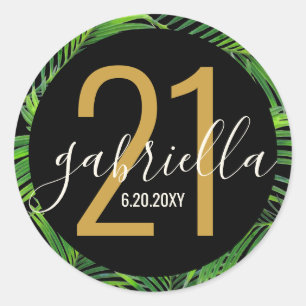 Tropical Palm Tree Black Gold Custom Birthday Classic Round Sticker