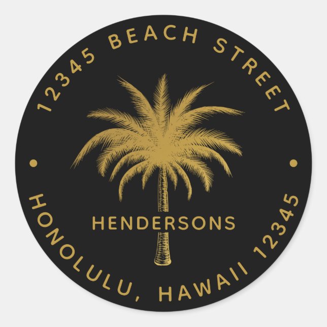 Tropical Palm Tree Black & Gold Return Address Classic Round Sticker (Front)