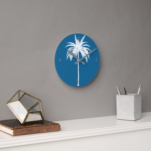 Tropical Palm Tree Blue Elegant Modern  Round Clock (Office)