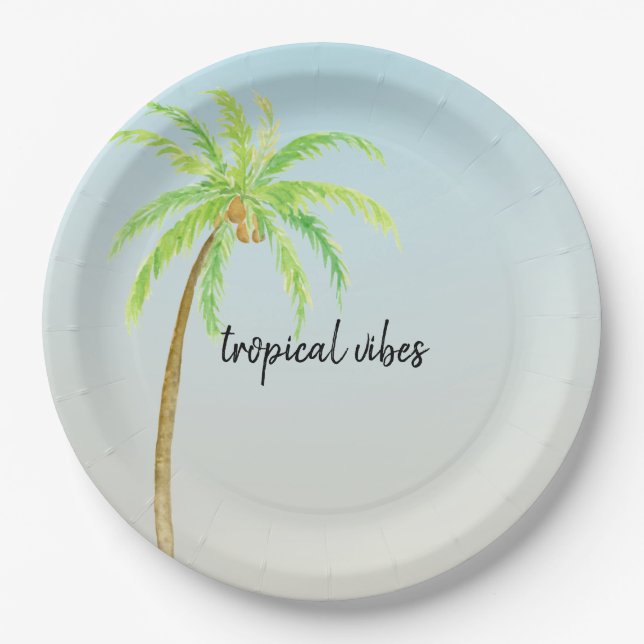 Tropical Palm Tree Blue Ombre Paper Plate (Front)