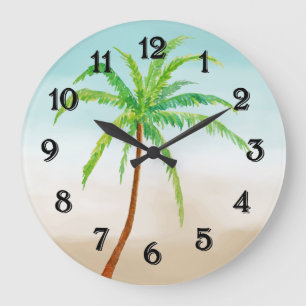 Tropical Palm Tree Blue Sand Ombre Large Clock