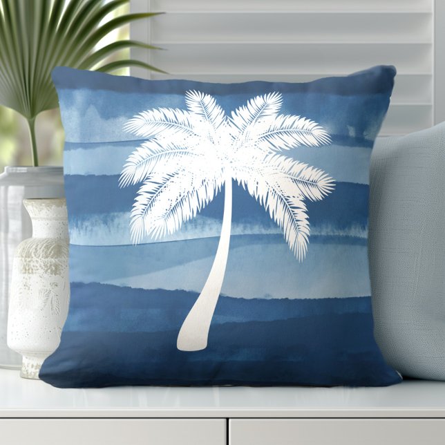 Tropical Palm Tree Blue White Cushion (Discover our Elegant Coastal Throw Pillows in Blue & White.)
