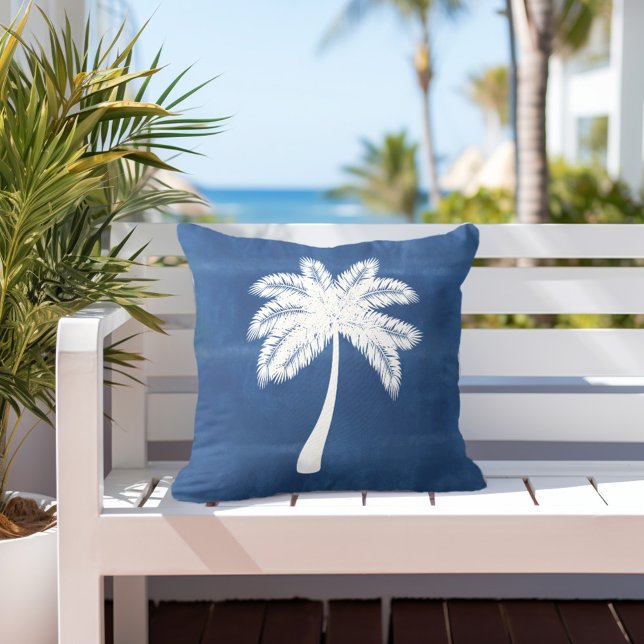 Tropical Palm Tree Blue White Outdoor Pillow (Creator Uploaded)