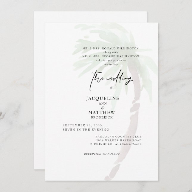 Tropical Palm Tree Both Parents Wedding Invitation (Front/Back)