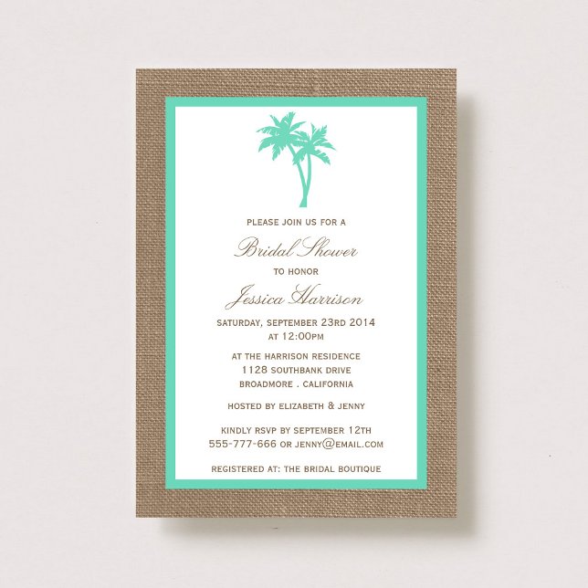 Tropical Palm Tree Burlap Beach Bridal Shower Invitation (Creator Uploaded)