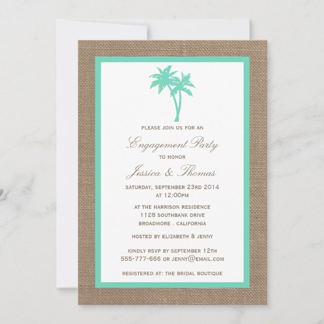 Tropical Palm Tree Burlap Beach Engagement Party Invitation (Front)