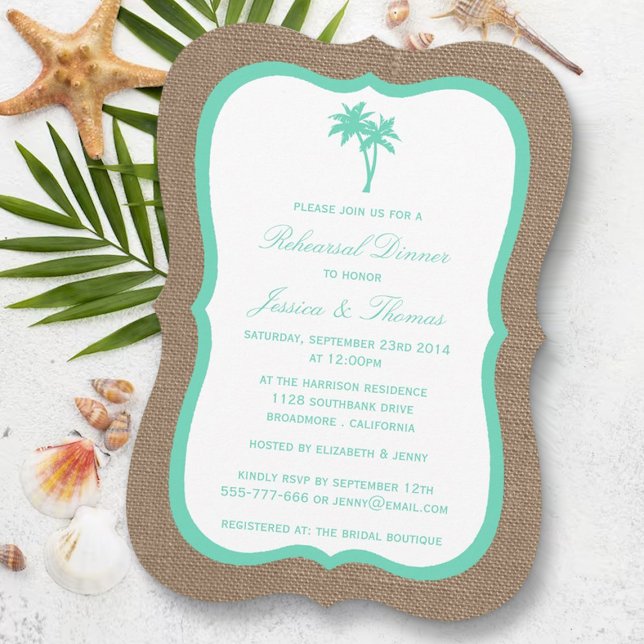 Tropical Palm Tree Burlap Beach Rehearsal Dinner Invitation (Creator Uploaded)