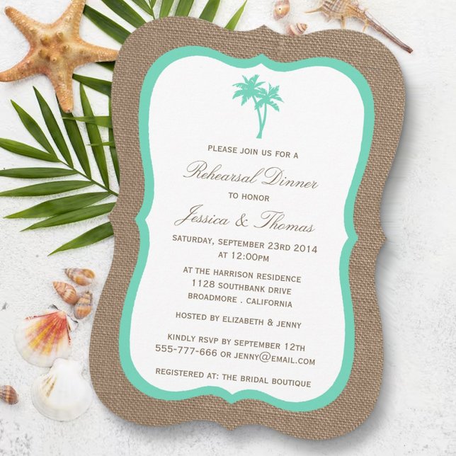 Tropical Palm Tree Burlap Beach Rehearsal Dinner Invitation (Creator Uploaded)