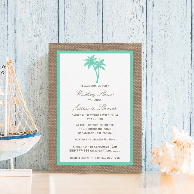 Tropical Palm Tree Burlap Beach Wedding Shower Invitation (Creator Uploaded)