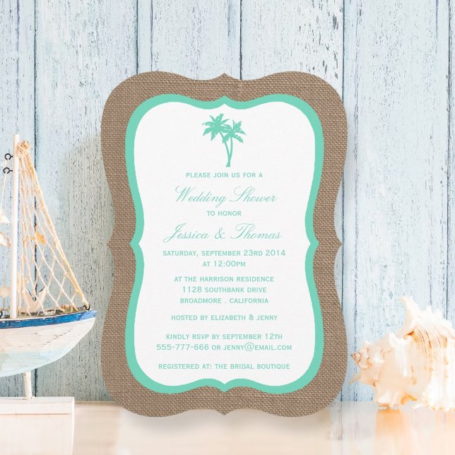 Tropical Palm Tree Burlap Beach Wedding Shower Invitation (Creator Uploaded)
